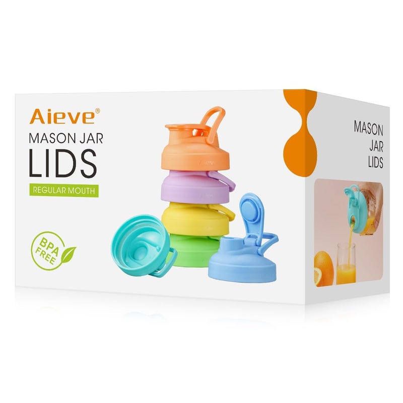 AIEVE أيف 6 عبوات أغطية برطمانات ميسون، غطاء فوهة عادية مع فوهة صب، أغطية تعليب لبرطمانات بال ميسون للشرب وتخزين الحليب والقهوة والليمونادة وصلصة السلطة، قابلة لإعادة الاستخدام، مانعة للتسرب - Image 1